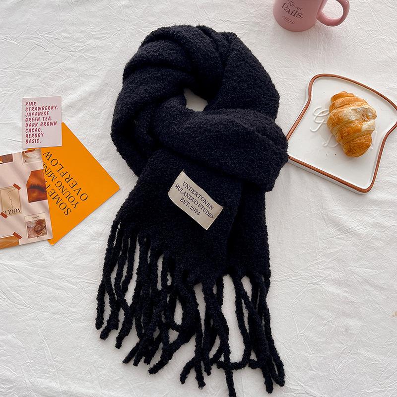 

Retro plush scarf women s winter warmth senior sense student versatile with wool shawl чёрный
