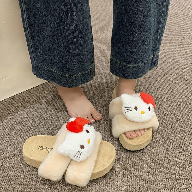 Going out thick-soled fluffy cotton slippers cute cartoon warm fluffy slippers women's outer wear season