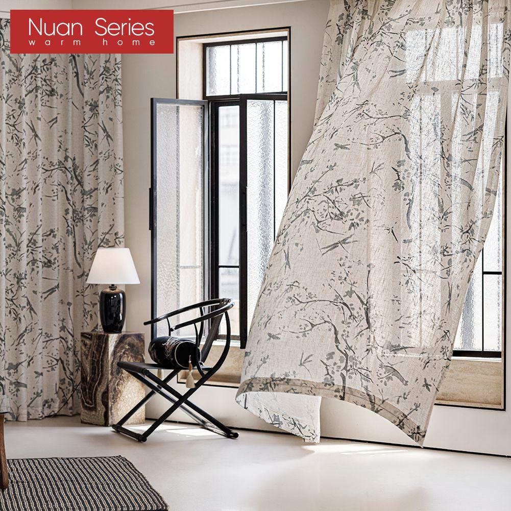 1PC Nuan Series Linen Texture Printed Sheer Curtain New Chinese Ink Bamboo Pattern Tulle for Living Room Bedroom Balcony Window Home Decor