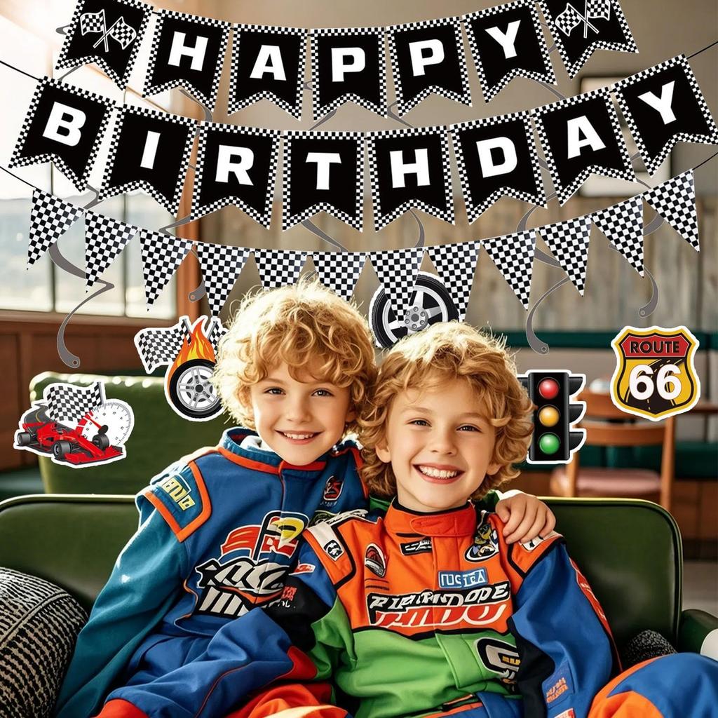 Racing Birthday Decorations, Car F1 Themed Happy Birthday Banner, Boy Girl Funny Party Supplies with Banner and Hanging Swirl