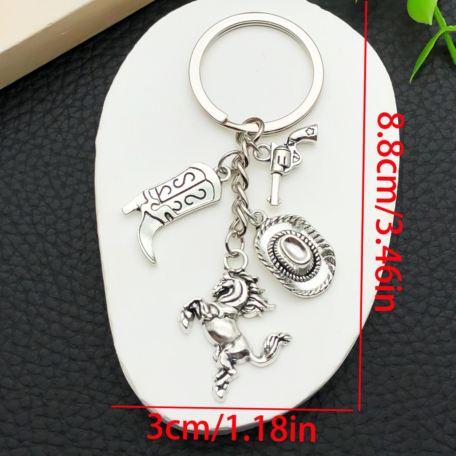 Antique Silver Cowboy Hat & Boots Keychain Pendant with Pistol, Bag, and Gift Accessories