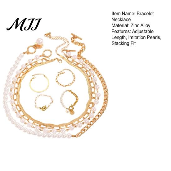Stacking Bracelet Necklace Set 1 OT Buckle Cuban Chains Scratch-resistant Imitation Pearls Adjustable Length Jewelry Gift Chain