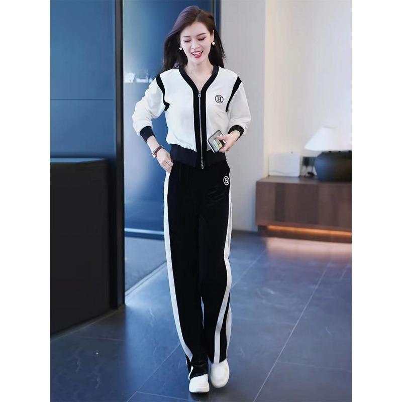 Sporty Casual Set - Women's Autumn Fashionable Multi-color Velvet Cardigan Top and Wide-leg Pants Set