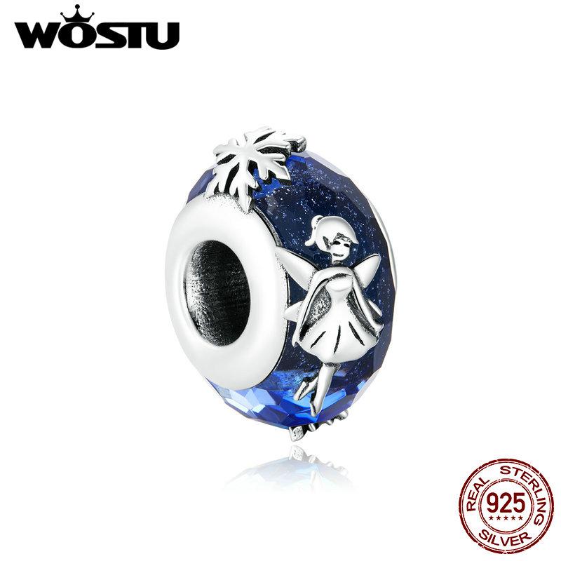WOSTU 925 Sterling Silver Snow Fairy Charm Plated Platinum Beads for 3MM Original Bracelet Jewelry DIY Bangle
