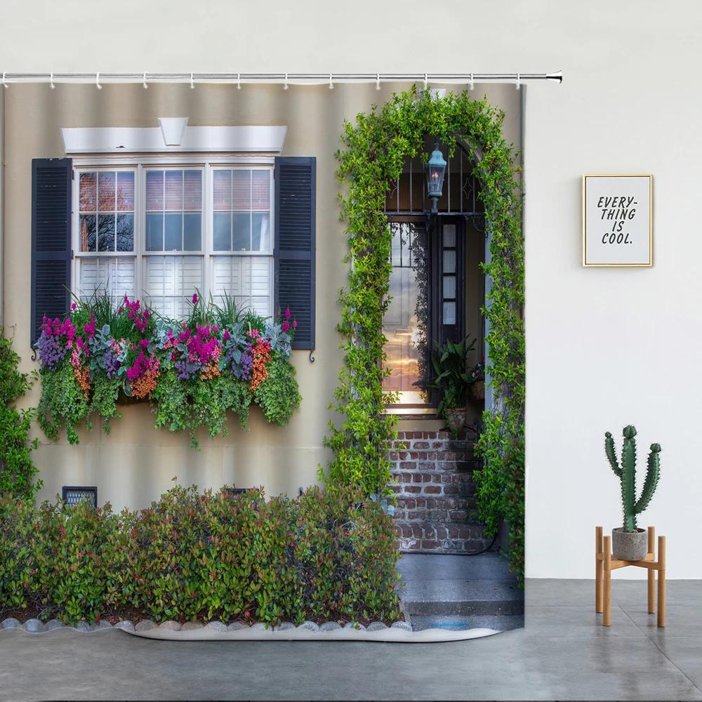 Landschaft Straße Blume Duschvorhang Retro Italienische Altstadt Architektur Floral Wasserdichtes Tuch Badezimmer Vorhänge Dekor Haken