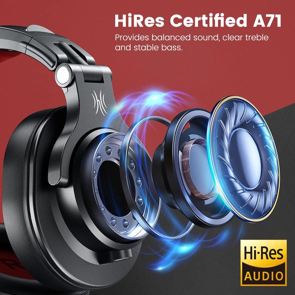 OneOdio A71 Wired Headphones High-Resolution Monitor DJ Closed-Back Dual-Port Red with In-Line Microphone for Gaming Music Recording Phone Calls