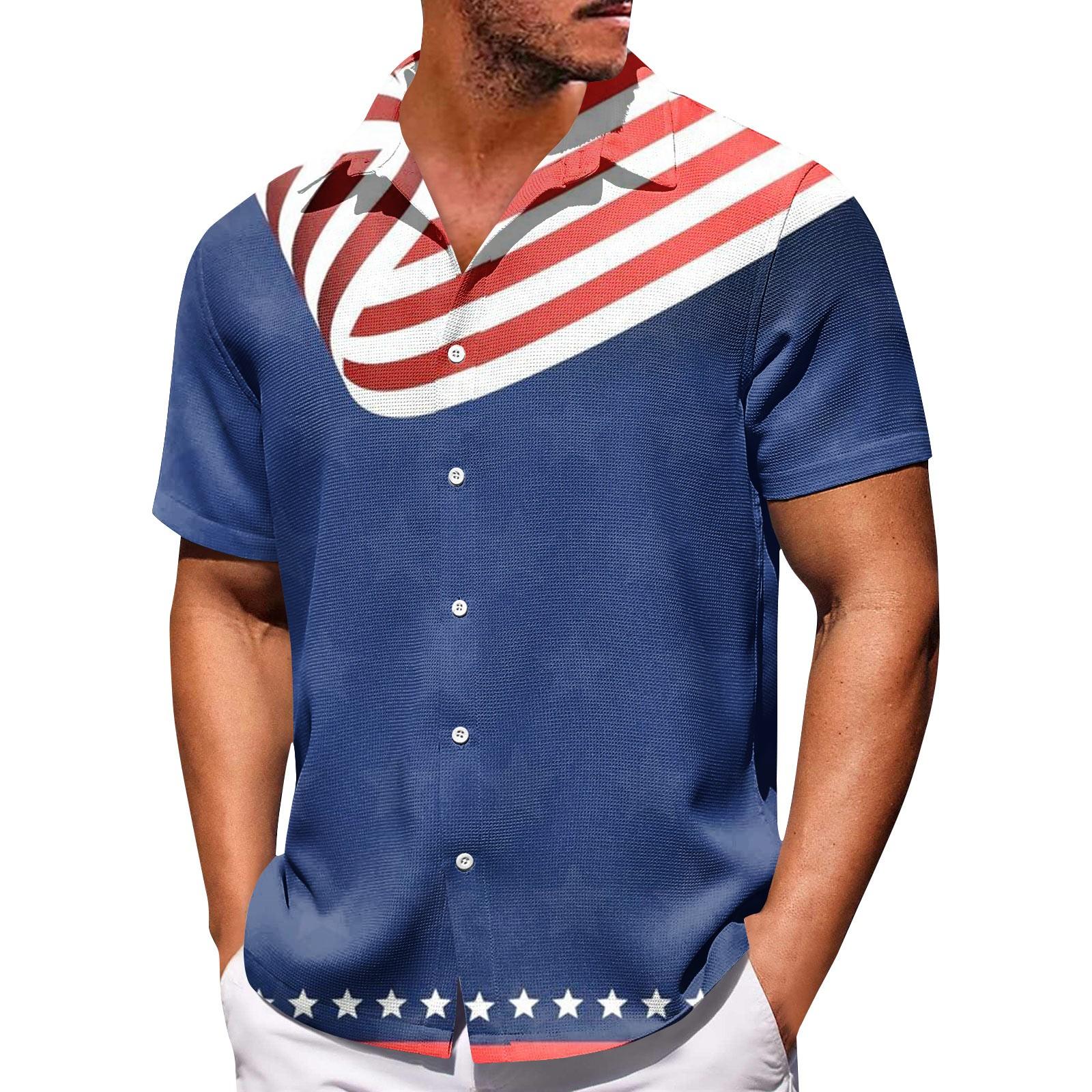 

Мужские рубашки с короткими рукавами и пуговицами на День независимости. Мужские повседневные модные рубашки с короткими рукавами. XXXL синий