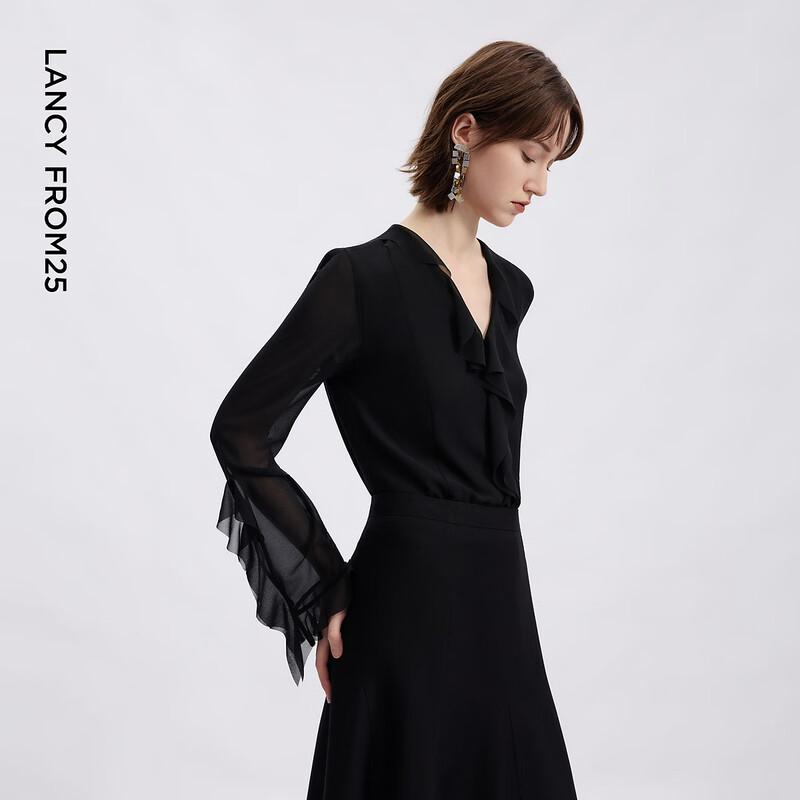 LANCY 25 Ruffle V-Neck Chiffon Blouse M