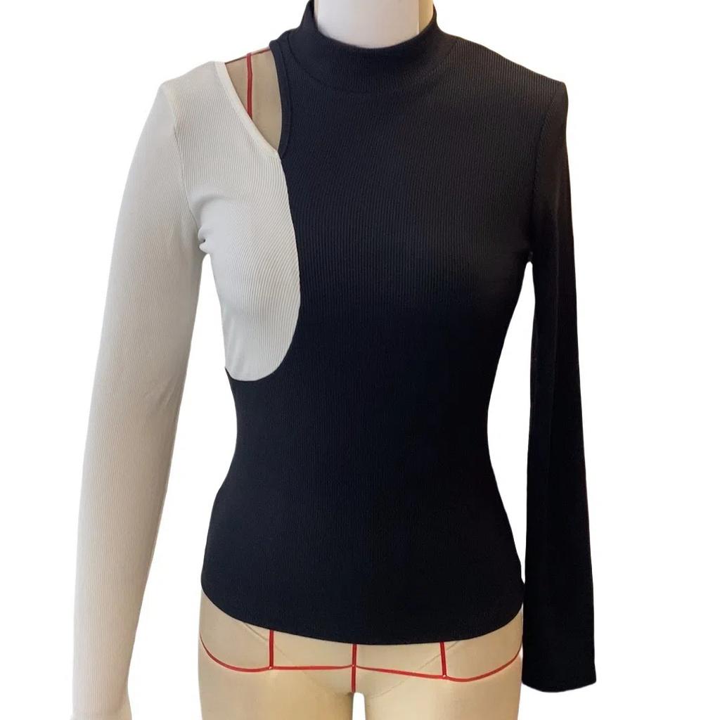 Autumn and Winter Elegant Contrasting Stitching Small Stand Collar New T-shirt Slim Slim Slim Long-sleeved Top Women