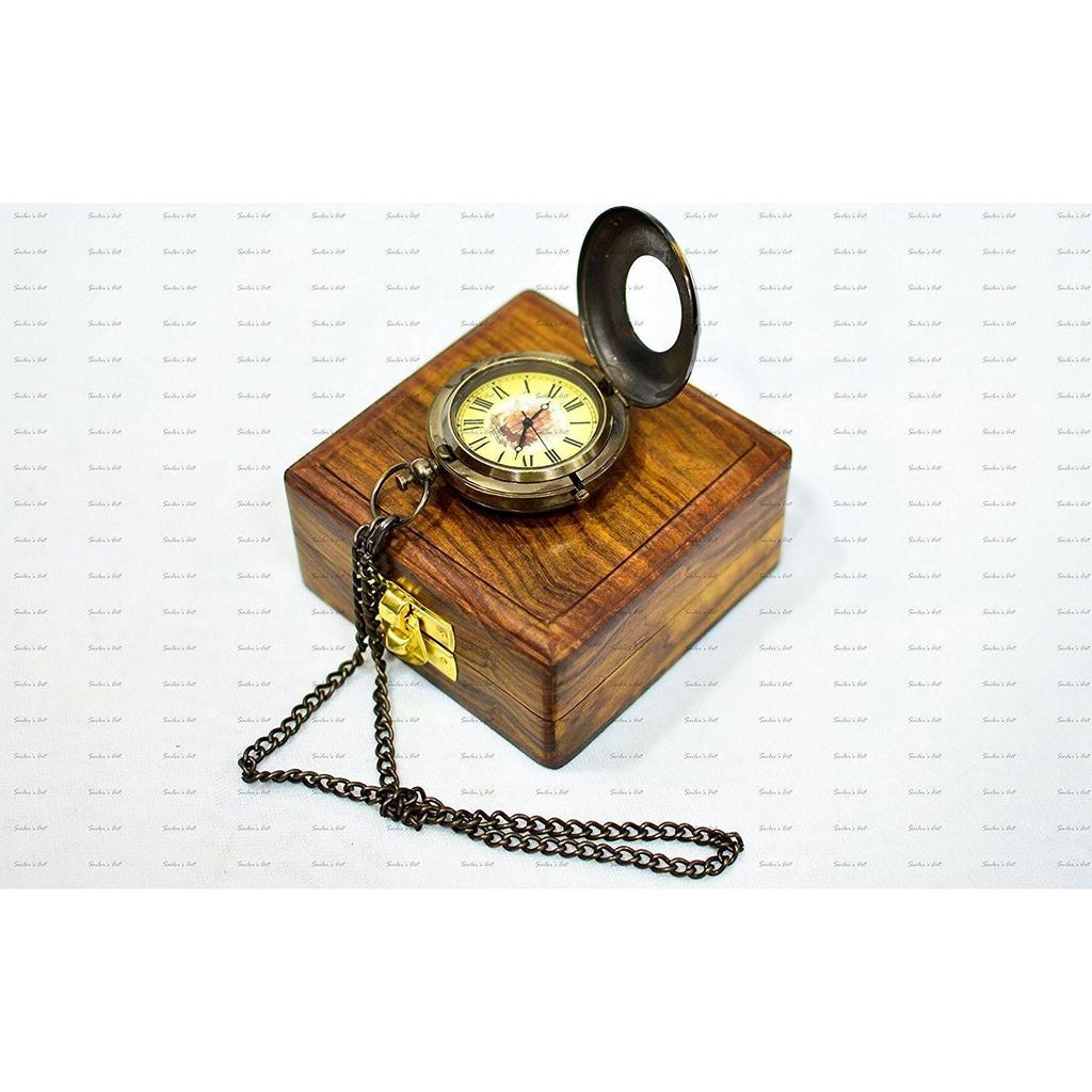 Świat Zegarka Kieszonkowego w Stylu Vintage Antycznym z Mosiądzu z Przyciskiem do Otwierania 2" z Drewnianym Pudełkiem