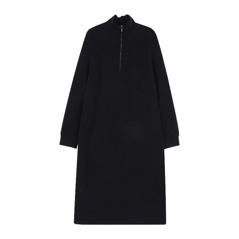 Sweater Dress Female Solid Knee Length Mid Length Loose Bottomed Knit Dress with Wool Long Sleeve Pullover Women