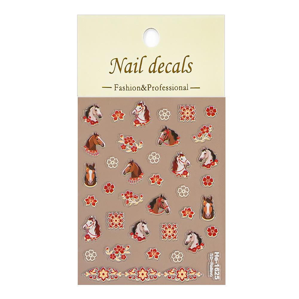 5D Embossed Cartoon Nail Art Stickers: Galloping Horse & Red Flower Wreath He1625
