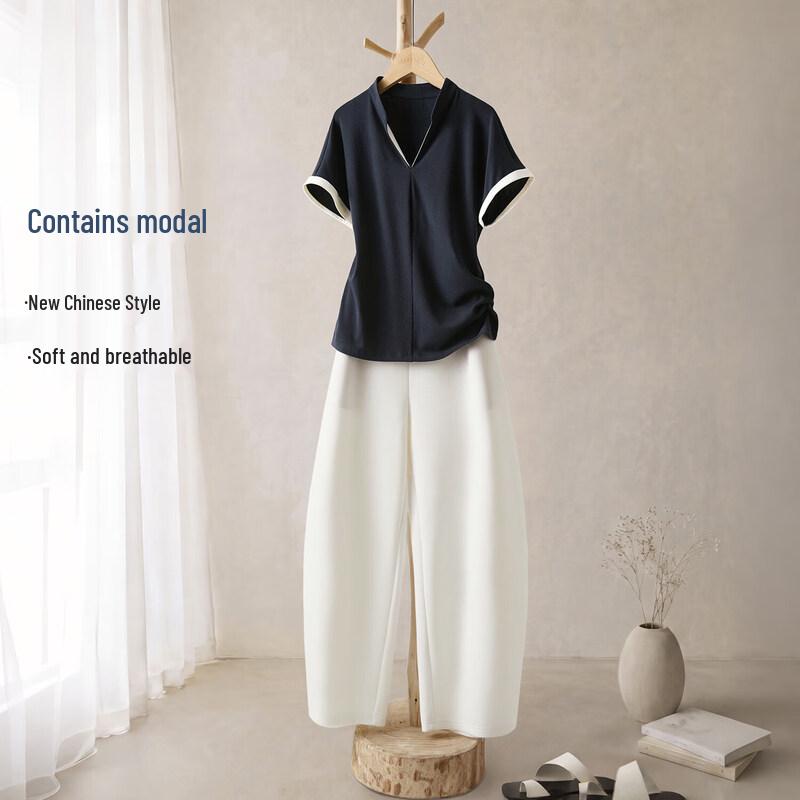 IHIMI Women s Modal Blend Chinese Style Stand Collar T-Shirt & Capri Pants Set L