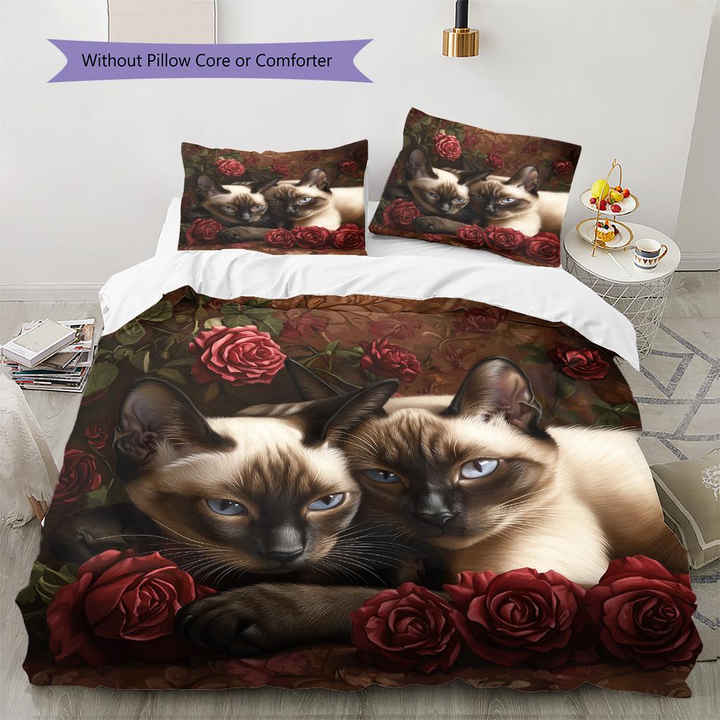 Siamese Cat and Rose Pattern Bedding Home Decoration Birthday Gift (1 * duvet cover + 2 * pillowcase, without core)