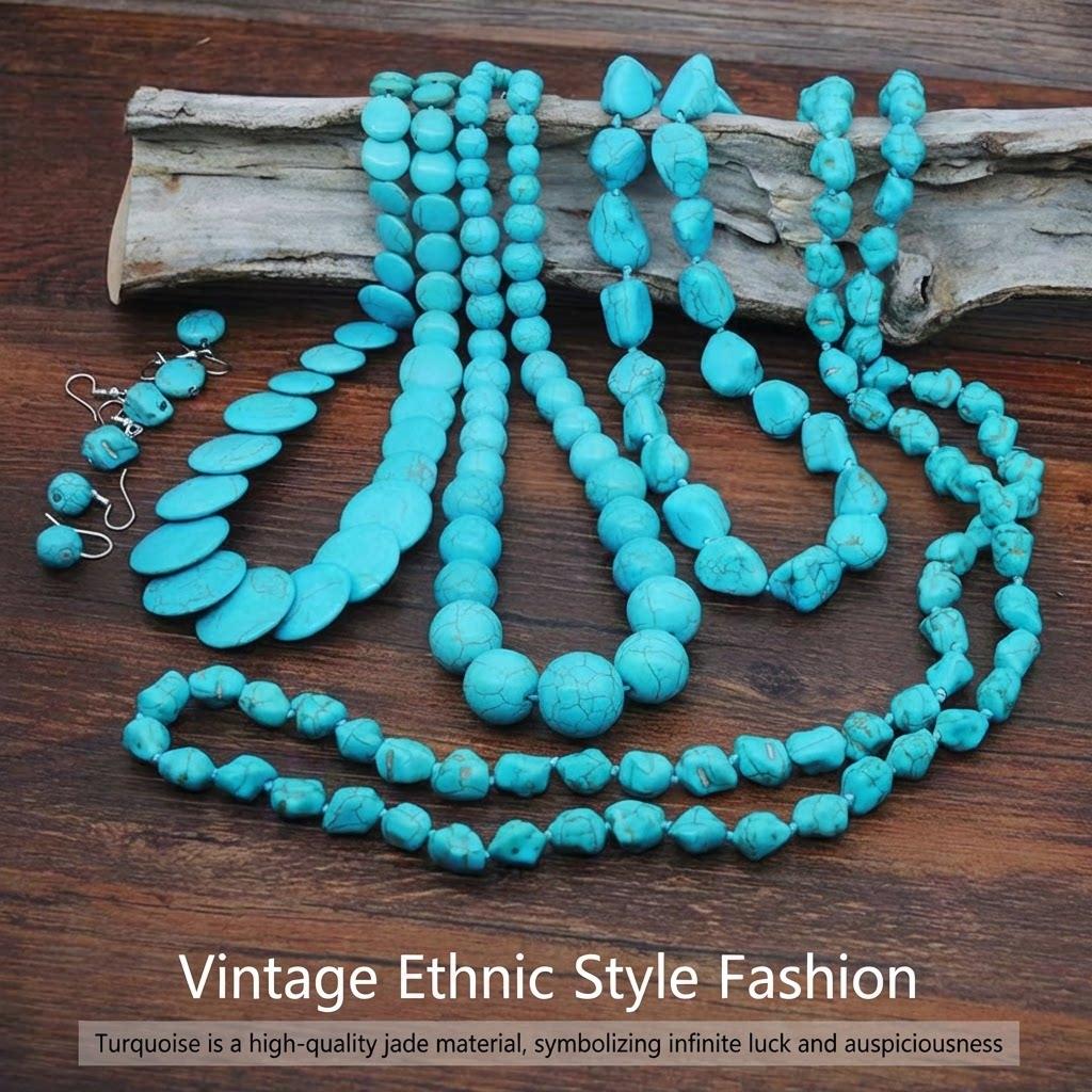JMXD-European and American Fashion Beaded Necklace Turquoise Collarbone Chain Ethnic Style Female Retro Vacation Necklace