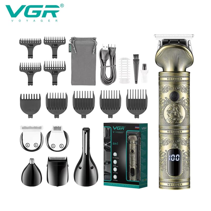 VGR 6 In 1 Multifunctional Electric Hair Clipper Professional Home Hair Clipper Wireless Hair Clipper Men's Gift LCD Digital Display Haircut