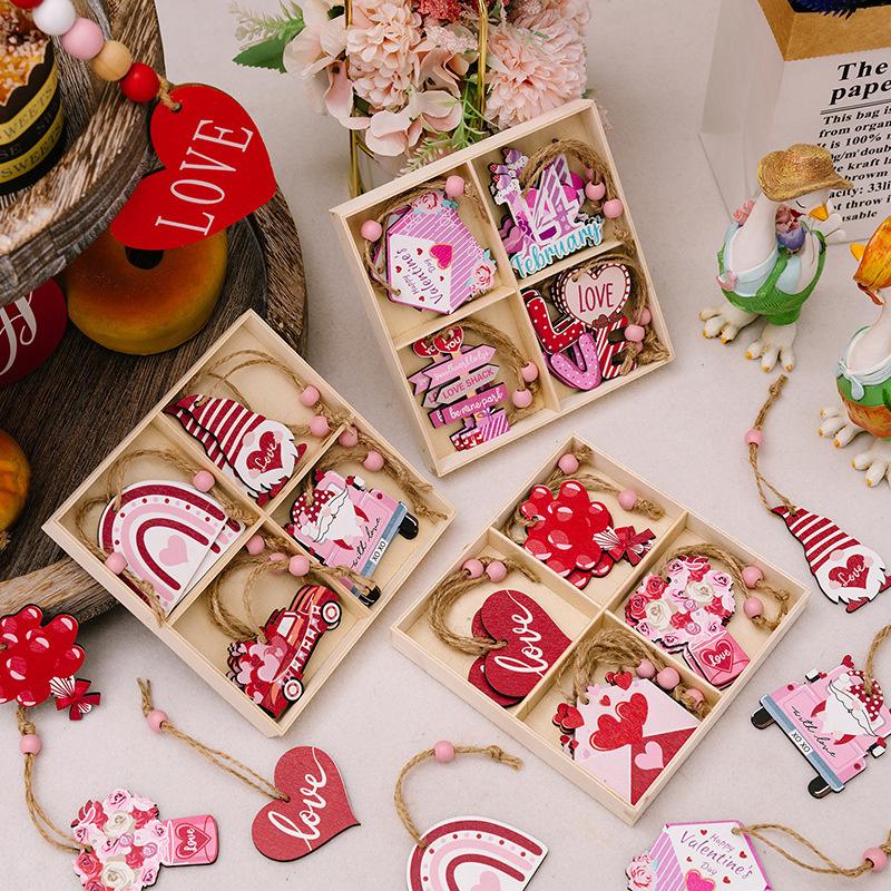 12Pc Valentine Hangings Wood Holiday Decoration Love Flower Valentine Ornaments Valentine'S Day Decorative Love Envelope Pendant