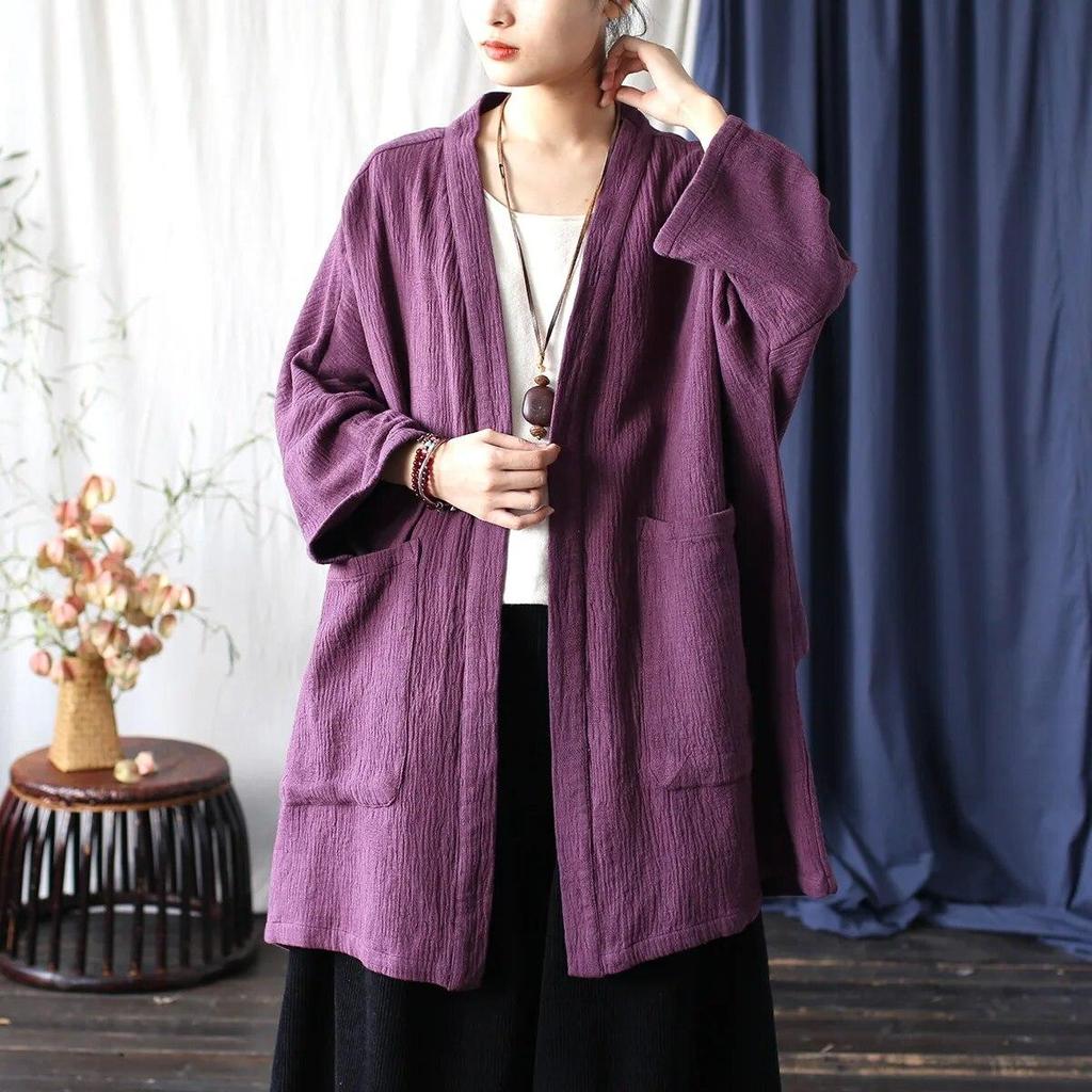 Johnature Women Vintage Shirts Tops Solid Color Pockets Soft Autumn Blouses Long Sleeve V-Neck Shirts
