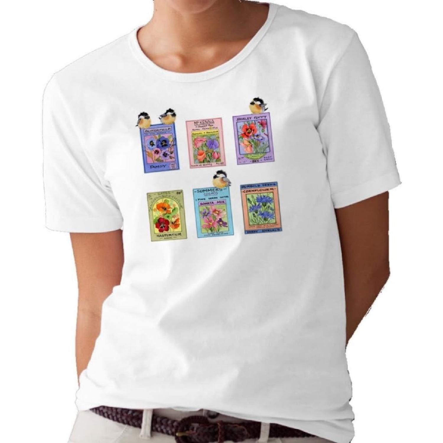 Seed Packets and Chickadees T-Shirt_tee by Valerie Pfeiffer S