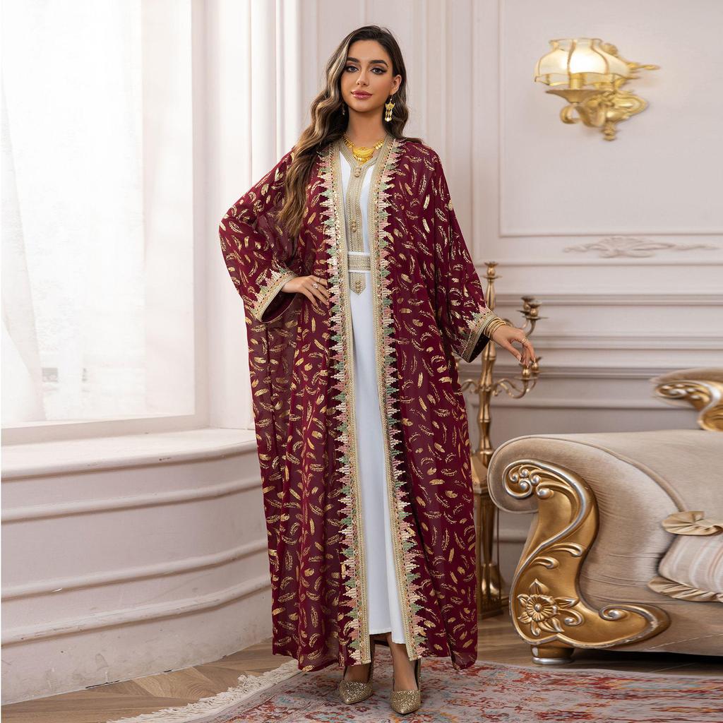 AB454 Women's Plus Size Dubai Chiffon Abaya Set - Three-Piece Middle Eastern Cardigan Long Dress with Hot Stamping