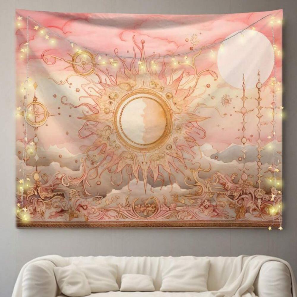 VIKAMA Pink Gold Sun God Tapestry Dreamy Moon Star Cloud Universe Energy Wall Hanging for Bedroom Living Room Decor