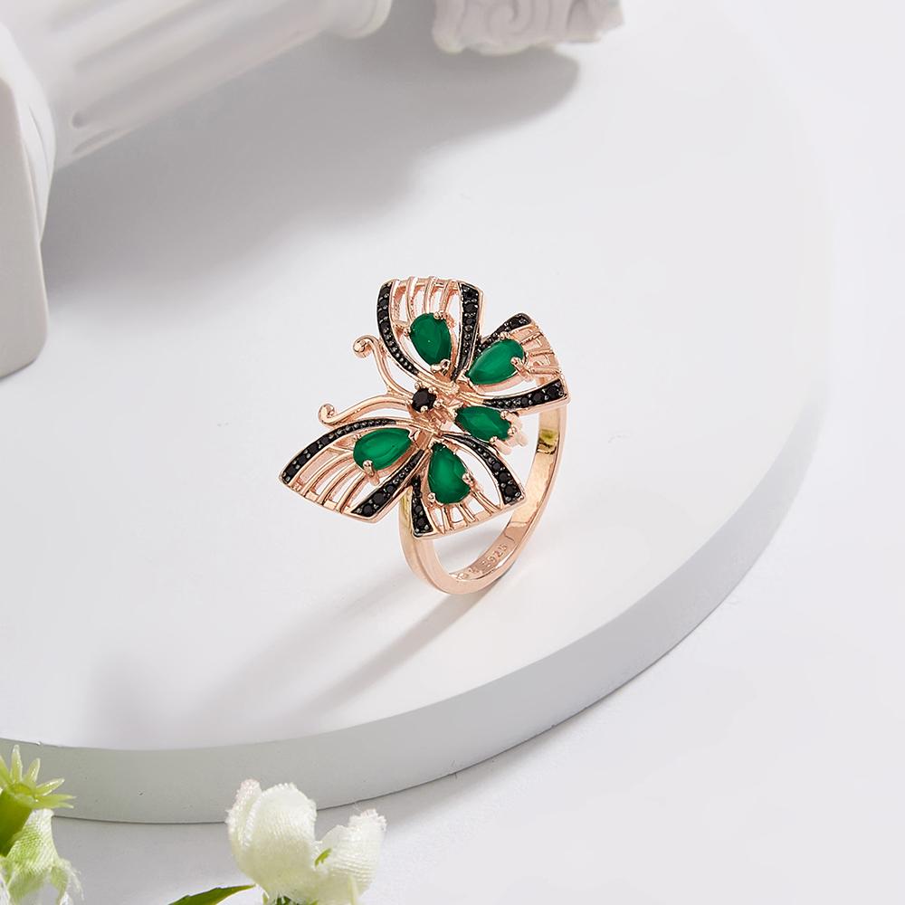 Awesome Butterfly Design Silver Clasp Earring & Ring Set Made Natural Green Agate Gems Luxury Jewelry for Women Anniversary Gift