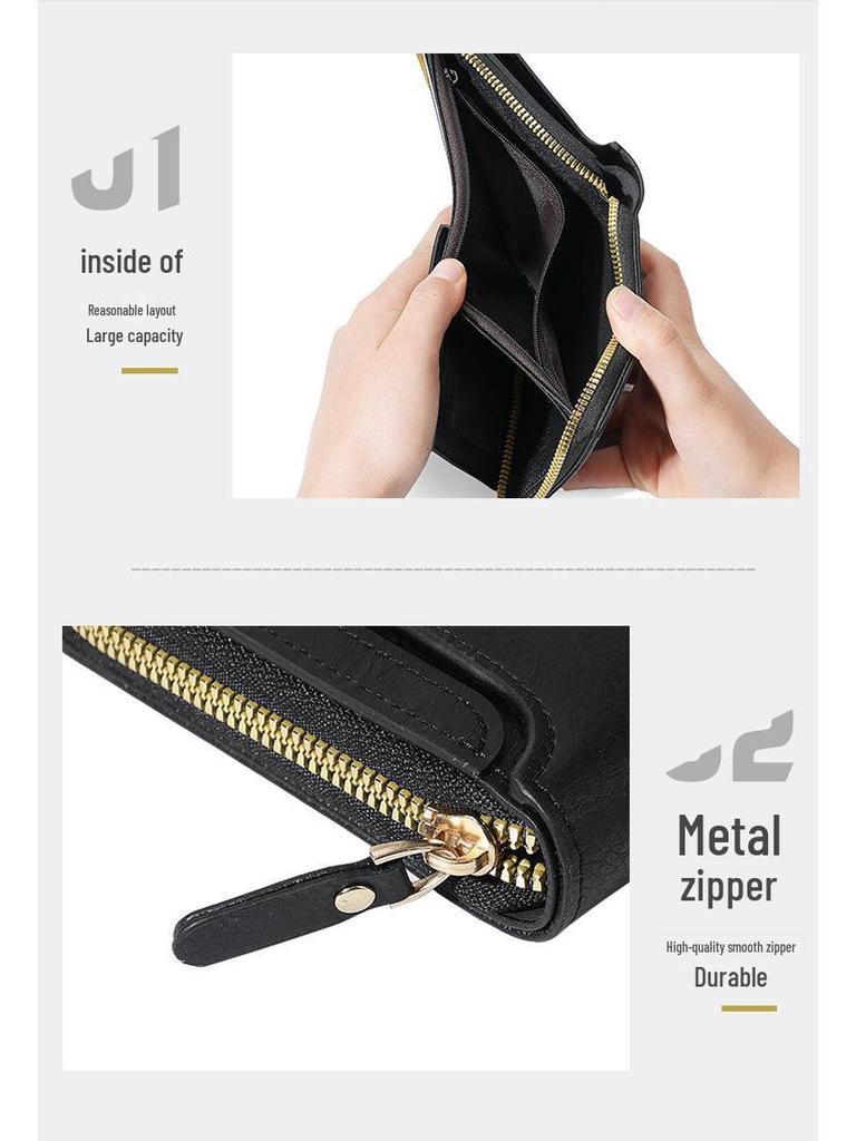 2024 Retro Men's Trifold Short Wallet with Horizontal Zipper and Card Holder