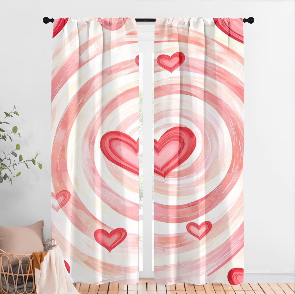 Set Of 2 Pink White Spiral Patterned Heart Shaped Curtains Romantic Style Bedroom Living Room Drawbar Pocket Curtain Polyester Ideal For Sitting