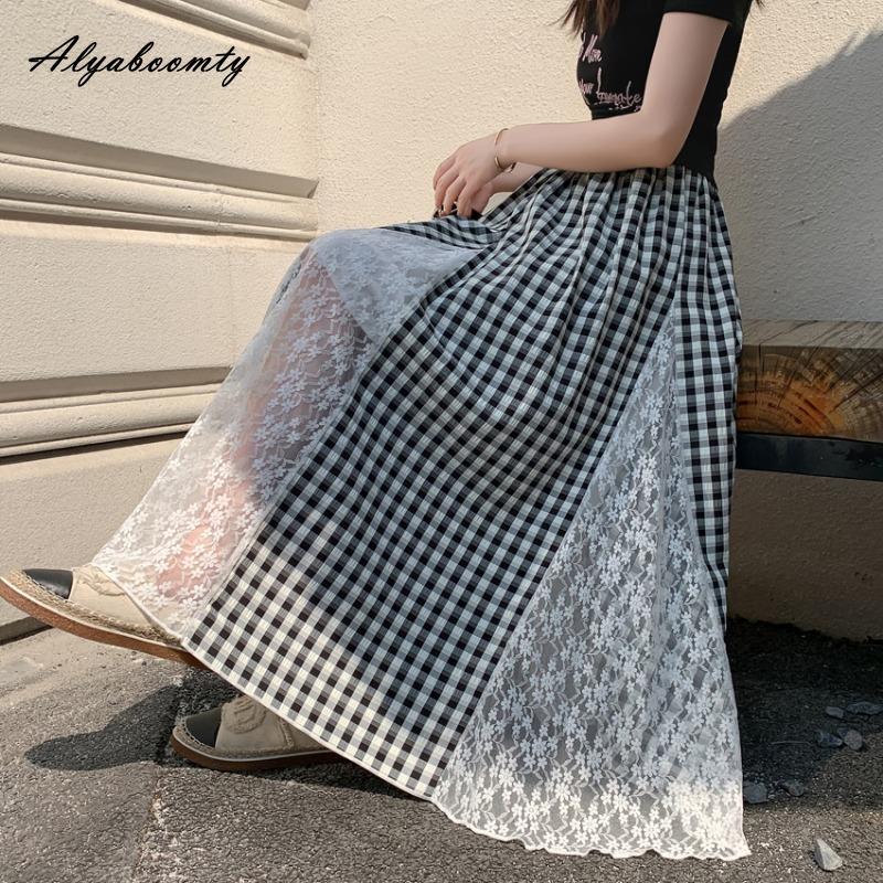 Sukně midi dámská jarní letní v korejském stylu s vysokým pasem modrá černá kostkovaná výšivka krajková patchworková sukně elegantní ženská dámská sukně