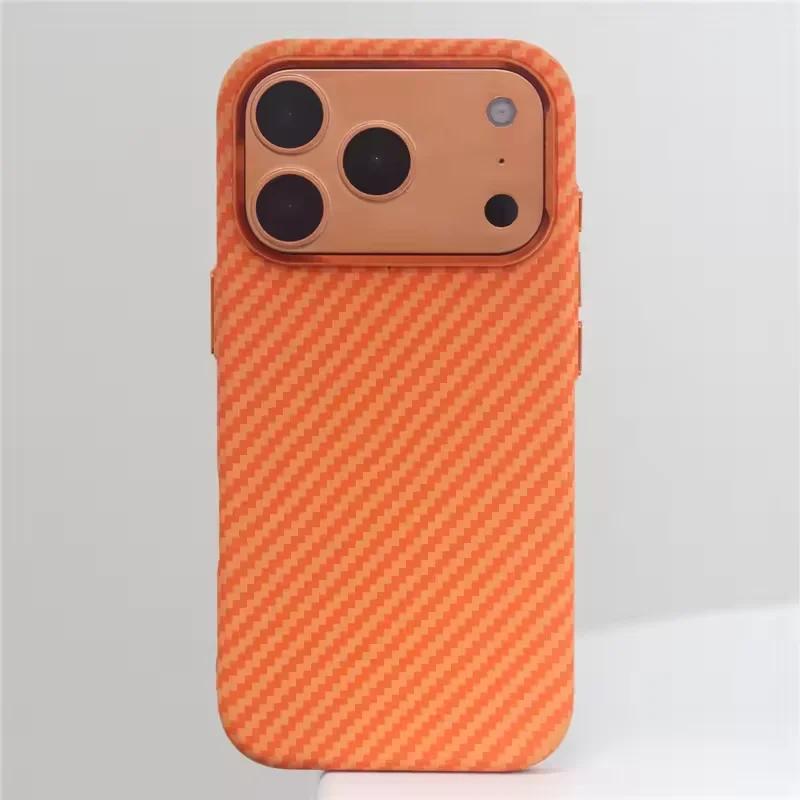 Orange Carbonfaser-Textur Legierungslinse Stark für Magsafe Handyhülle für iPhone 17 Pro Max Magnetisch Stoßfest Harte PC-Abdeckung