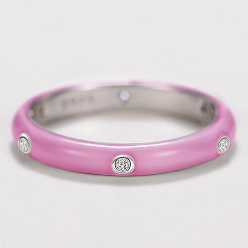 925 Silver Plated Dainty Colorful Enamel Ring Female Fashion Finger Accessories With Shiny Crystal Party Jewelry For Daily Gift