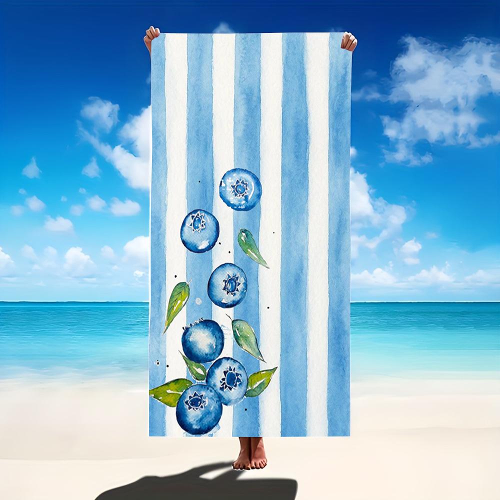 Blue and White Striped Raspberry Print Beach Towel Watercolor Blueberry Towel for Men Women Ideal for Summer Beach Trips