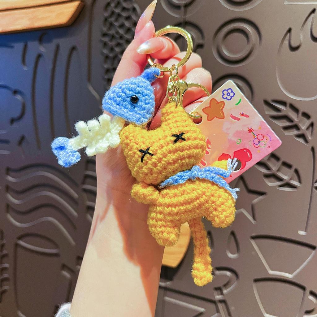 Cute Crochet Cat & Fishbone Keychain, Handmade Knitted Pink Cat Bag Charm