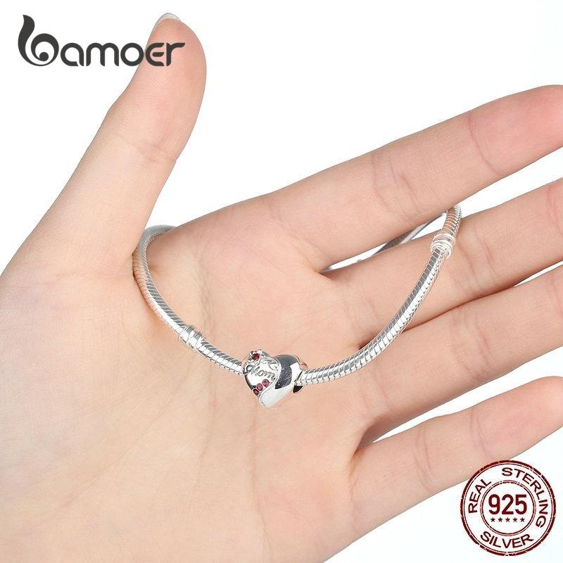 BAMOER Brelocuri cu inimă roșie MOM din argint 925 autentic, potrivite pentru brățări Cadou de Ziua Mamei