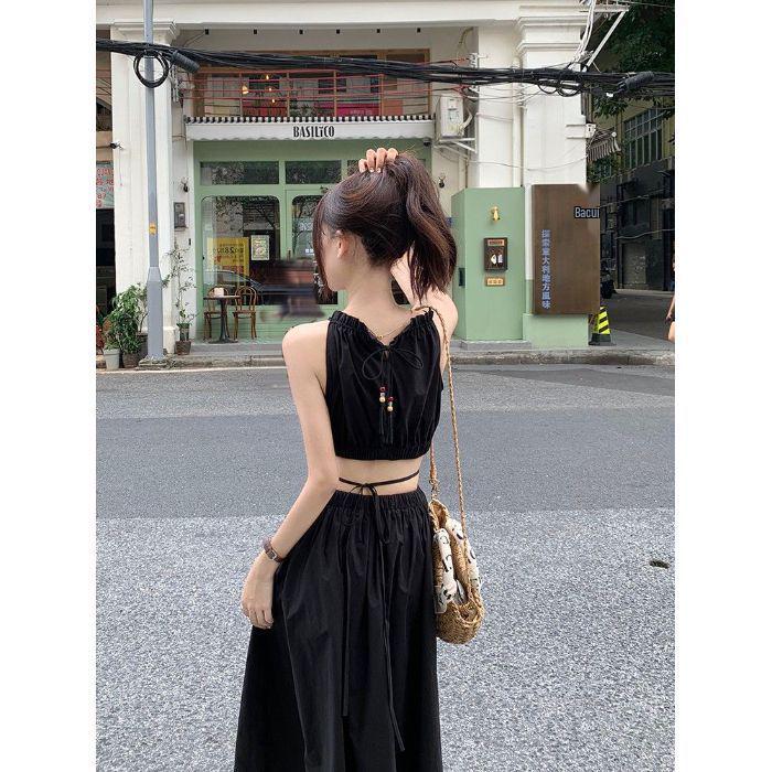 

2026 Trendy Tassel Lace-up Halter Dress with Cutouts - Slimming Vacation Style. XXL чорний