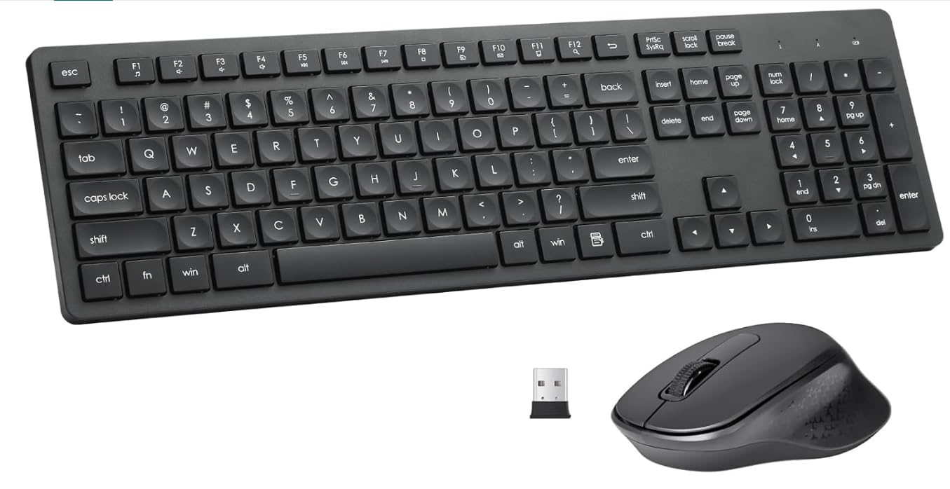 

HUO JI Wireless Mouse and Keyboard Set, Quiet, English Layout, Membrane, Full Keyboard, Ergonomic Mouse, 2.4GHz Wireless, Zero Latency, Easy