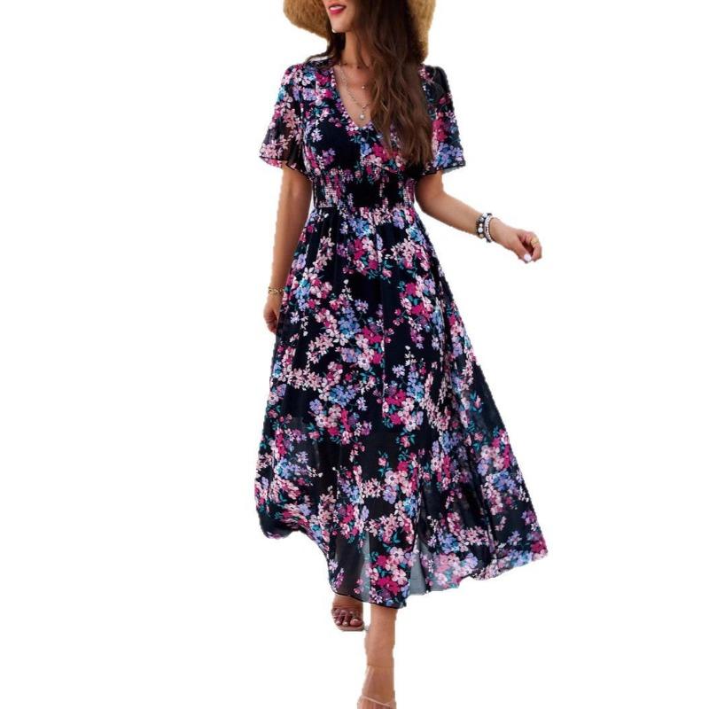 Women's Temperament V-neck Short-sleeved Printed Dress Chiffon Dress