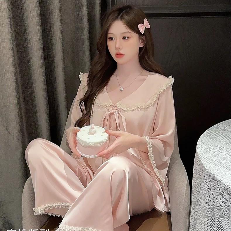 Women's Chiffon Pajama Set - Sweet Spring & Autumn Style, Doll Collar, Long Sleeves & Pants, Elegant & Lightweight Homewear