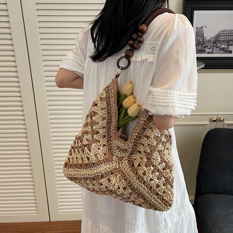 Yogodlns Trendy Hollow Out Straw Woven Bag Beach Handbag Large Capacity Bohemian Beach Bag Bucket Bag Tote Bag Hollow Shoulder Bag Travel