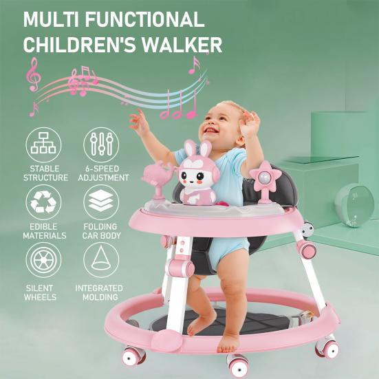 Foldable Baby Walker with Mute Wheels 7 Levels Height Adjustment Children Activity Walker Anti-Rollover Prevent Genu Varum Activity Center