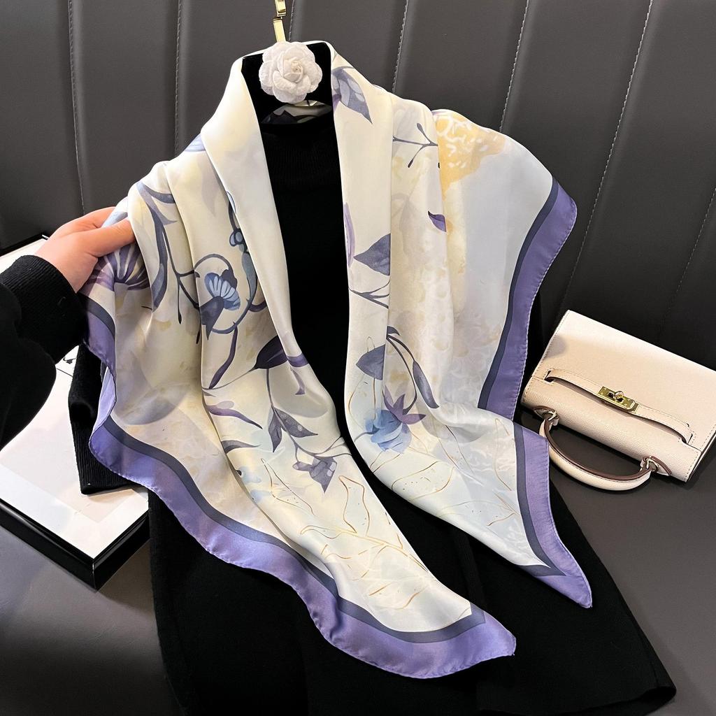 Women's Retro Fashion Mulberry Silk Feel Square Scarf - Summer Faux Satin, Sun Protection, 90cm