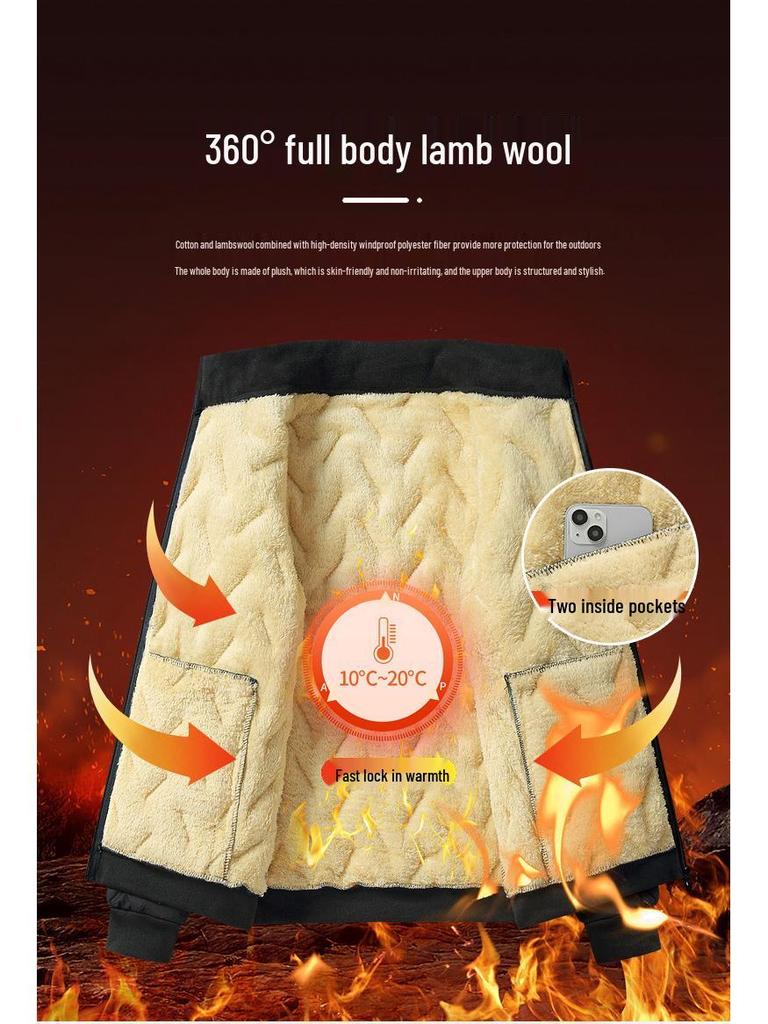 2024 Lammwolljacke für Männer mittleren Alters und ältere Herren, Verdickte Außenbekleidung mit Samt für Herbst/Winter