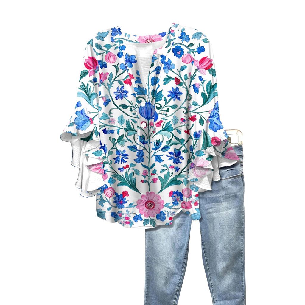 Letnie damskie topy z dekoltem w serek i rękawem trzy czwarte, koszule w stylu vintage z kwiatowym nadrukiem, codzienne koszule