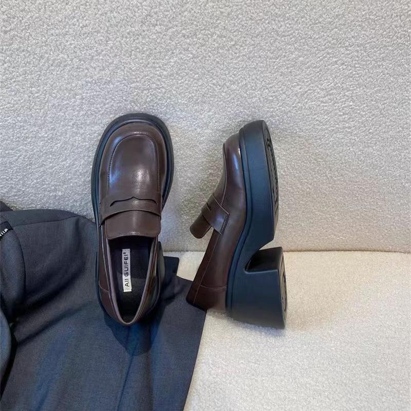 2025 New Model, College Style~ Retro Round Head Heightening Platform Loafers Women's British Style Small Leather Shoes Spring and Autumn Single Shoes
