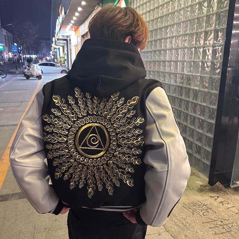 Мужская высококлассная потертая бейсбольная куртка с вышивкой Солнце Глаз Иллюминатов XXXL