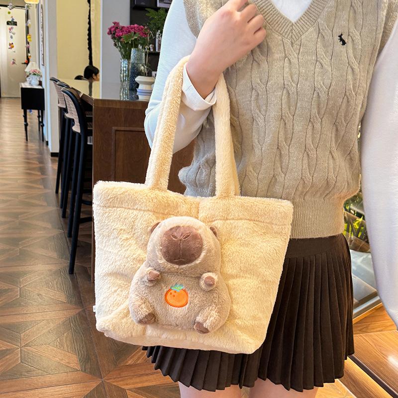 Kapibara plush tote bag women's new cartoon capybara shoulder storage bag cute soft girl girl backpack