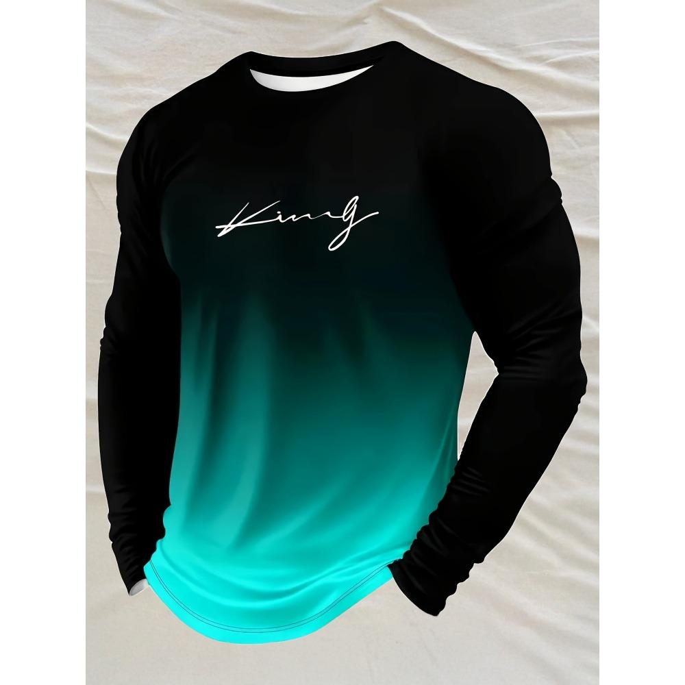 

Men s Casual Long-sleeved T-shirt Gradual Change of Color Machine Washable Round Neck Letter Printing Design 4XL