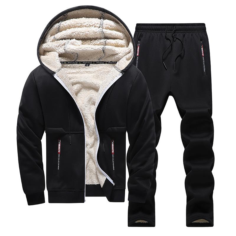 Autumn Winter Fleece Suit Men's Tracksuit Lamb Cashmere Sportwear Casual Warm Hooded Jacket+Pants Set