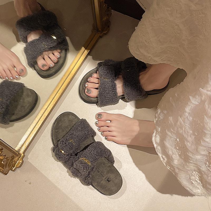 New spring and autumn flat-bottomed versatile casual fluffy slippers women's fashion one-word slippers women's trendy shoes