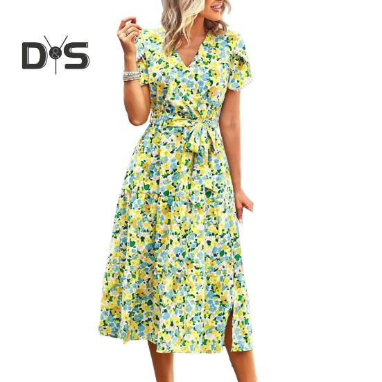

Женское летнее платье с цветочным принтом трапециевидной формы, свободный подол, лоскутное платье с короткими рукавами, нерегулярное платье с короткими рукавами и разрезом на шнуровке, женское платье-миди с высокой талией L зелёный